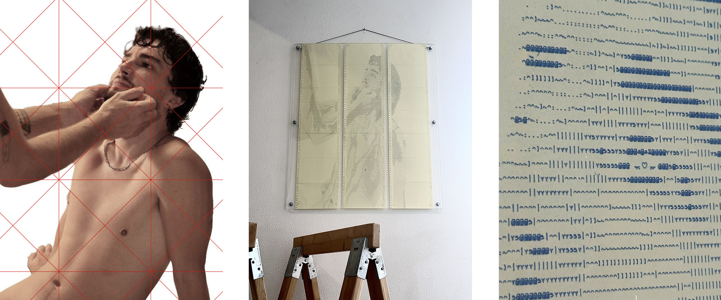 AWAITING INPUT by CHARACTERS — triptych showing a nude figure on a bed with another subject's hands reaching to caress their face, framed ASCII scroll installation on dot-matrix paper, and macro detail of character grid. Source photograph by Oli Raptor. 72 × 97 cm, 2024.