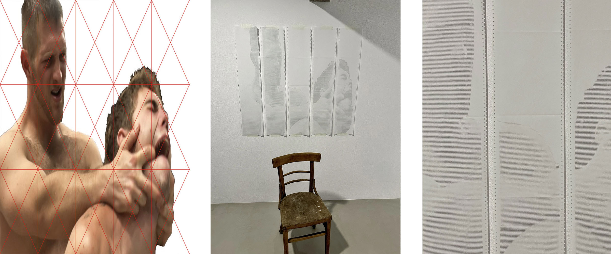 BACKLOGGED by CHARACTERS — triptych showing found erotic imagery depicting penetrative sex with manual restraint, five-sheet ASCII scroll installation on salvaged dot-matrix paper, and macro detail of character grid. 190 × 102 cm, 2023.