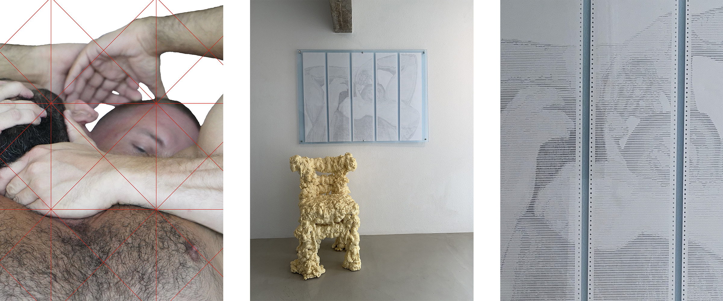 SUBMISSION FORMAT by CHARACTERS — triptych showing one male figure arm-locked and restrained from behind by another, five-sheet framed ASCII scroll installation on dot-matrix paper, and macro detail of character grid. 120 × 97 cm, 2025.