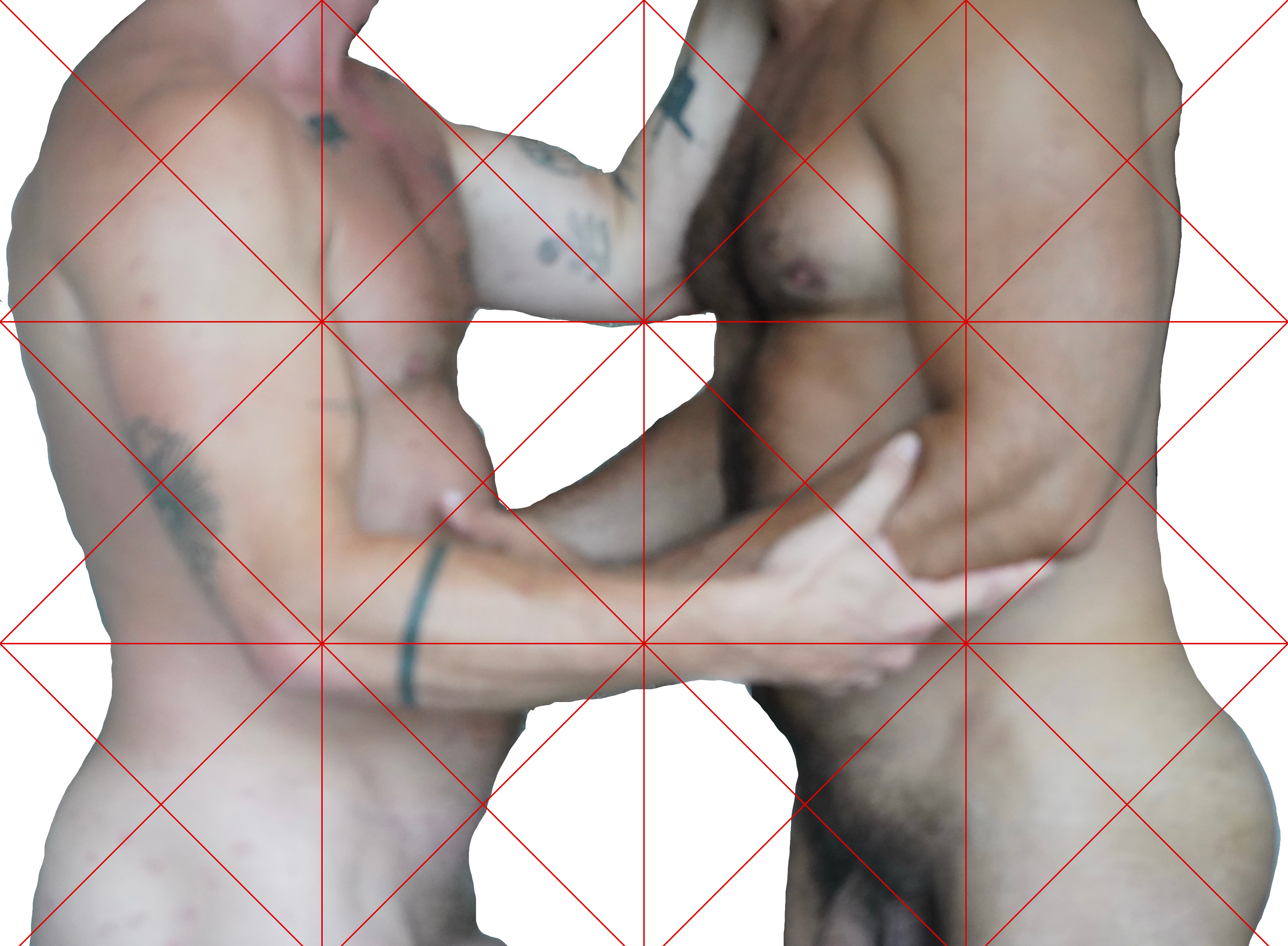 Source photograph for (TXT)TOUCH by CHARACTERS — two partially obscured male figures reaching toward each other for an embrace. Original erotic image, photographic basis for the ASCII translation. 2025.