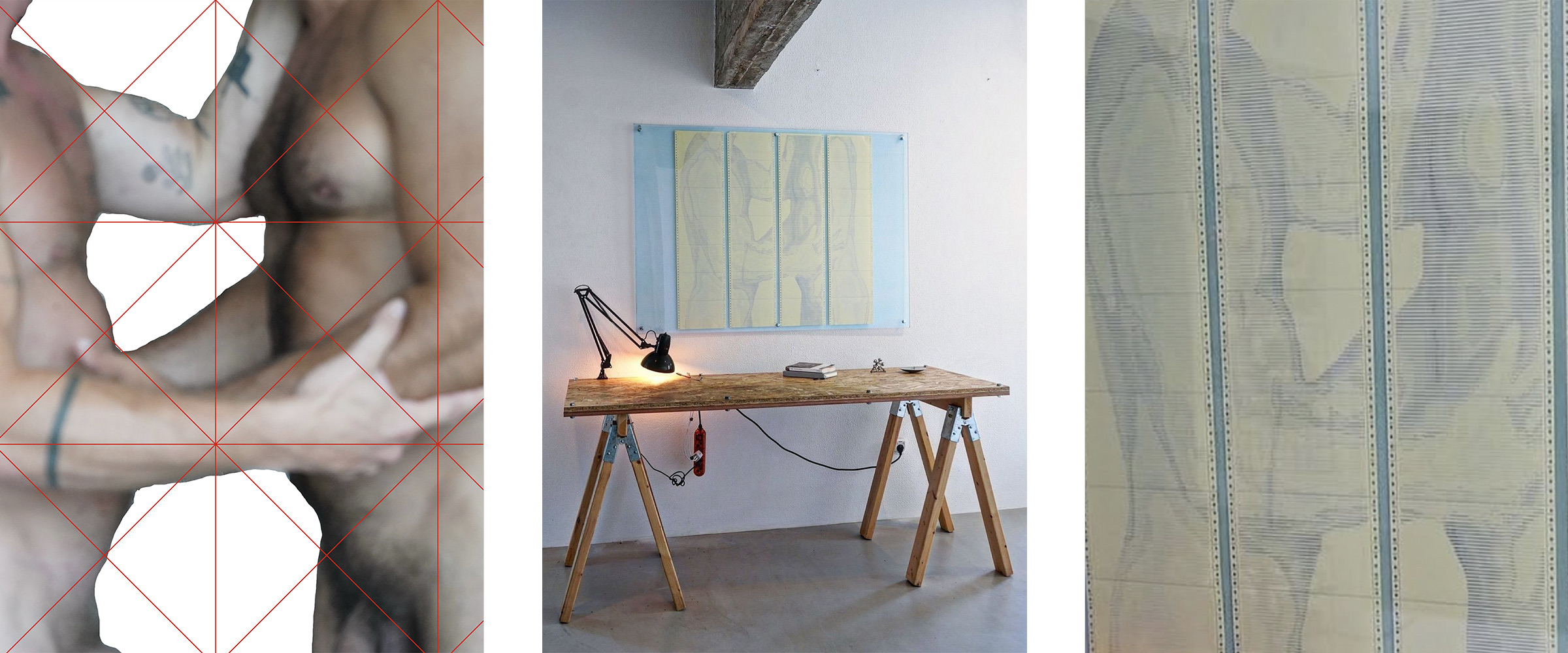 (TXT)TOUCH by CHARACTERS — triptych showing two partially obscured male figures reaching toward each other in an embrace, framed ASCII scroll installation on dot-matrix paper in Blush colorway, and macro detail of character grid. 96 × 96 cm, 2025.